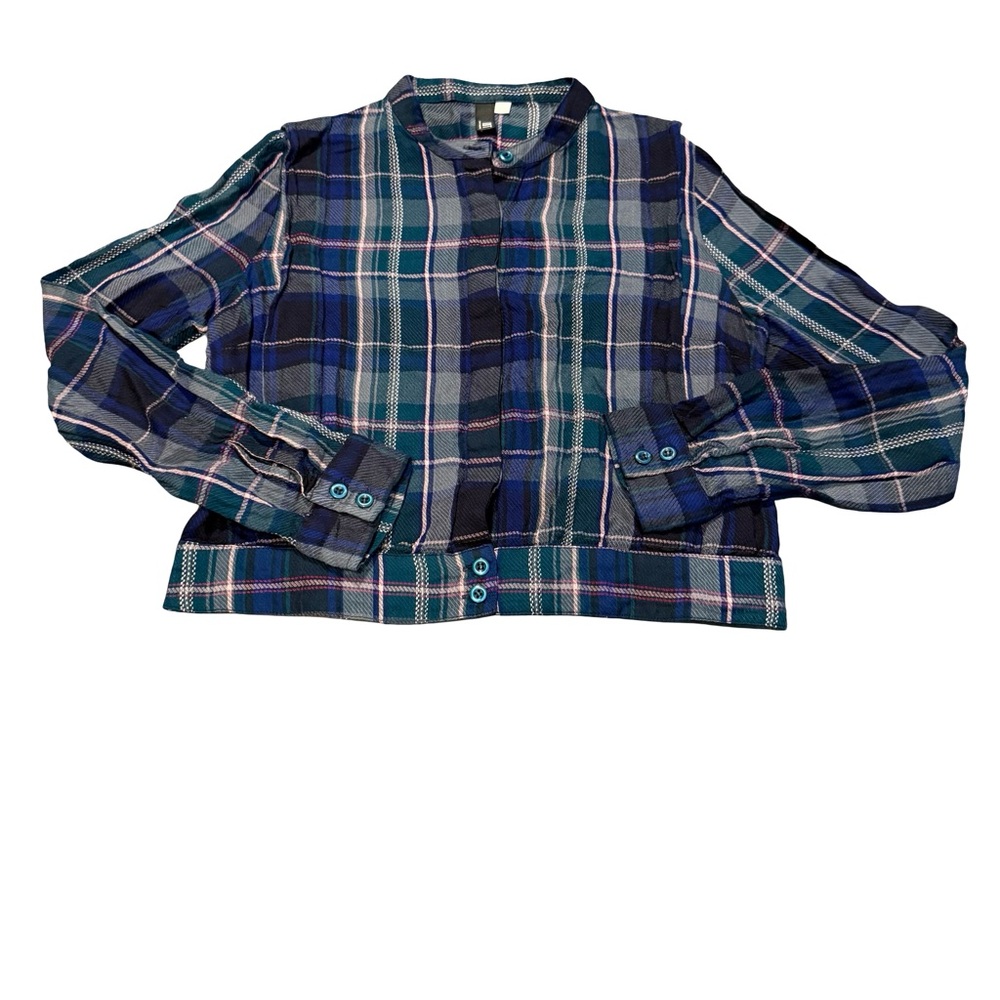 KUT from the Kloth Plaid Cropped Jacket Shacket Blue Green‎ XS Button Up